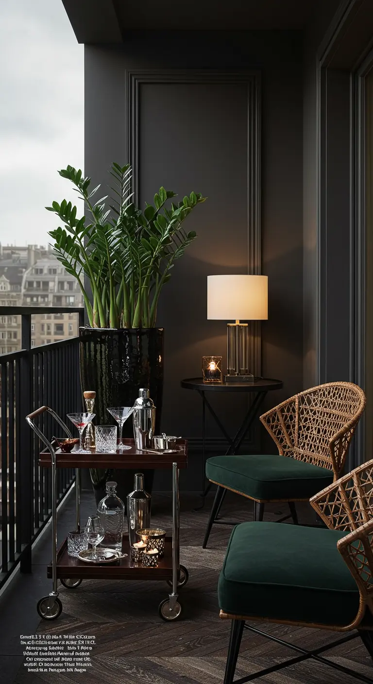 Elegante balkonbar met barcart, rotan stoelen met groene kussens en hoge plant.