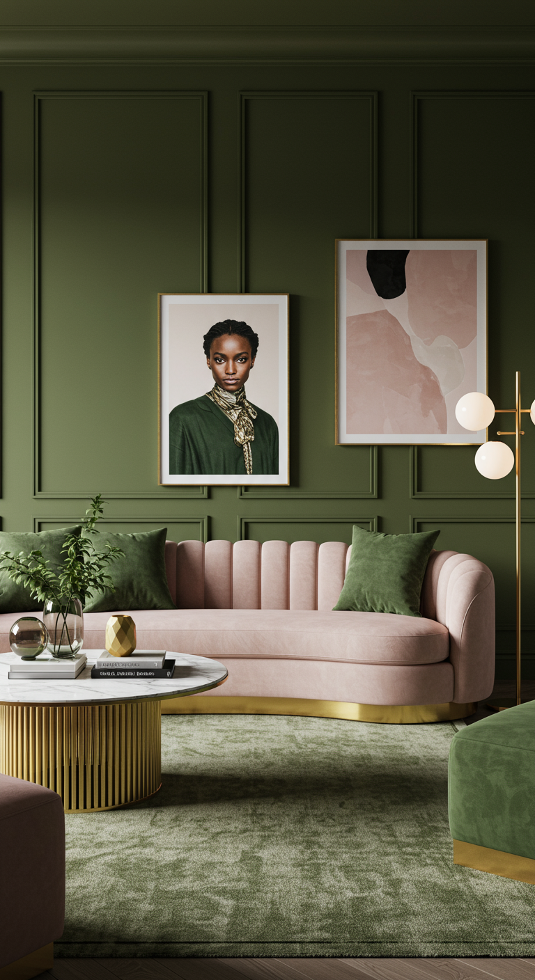 Moderne woonkamer met olijfgroene lambrisering, roze bank en gouden accenten.