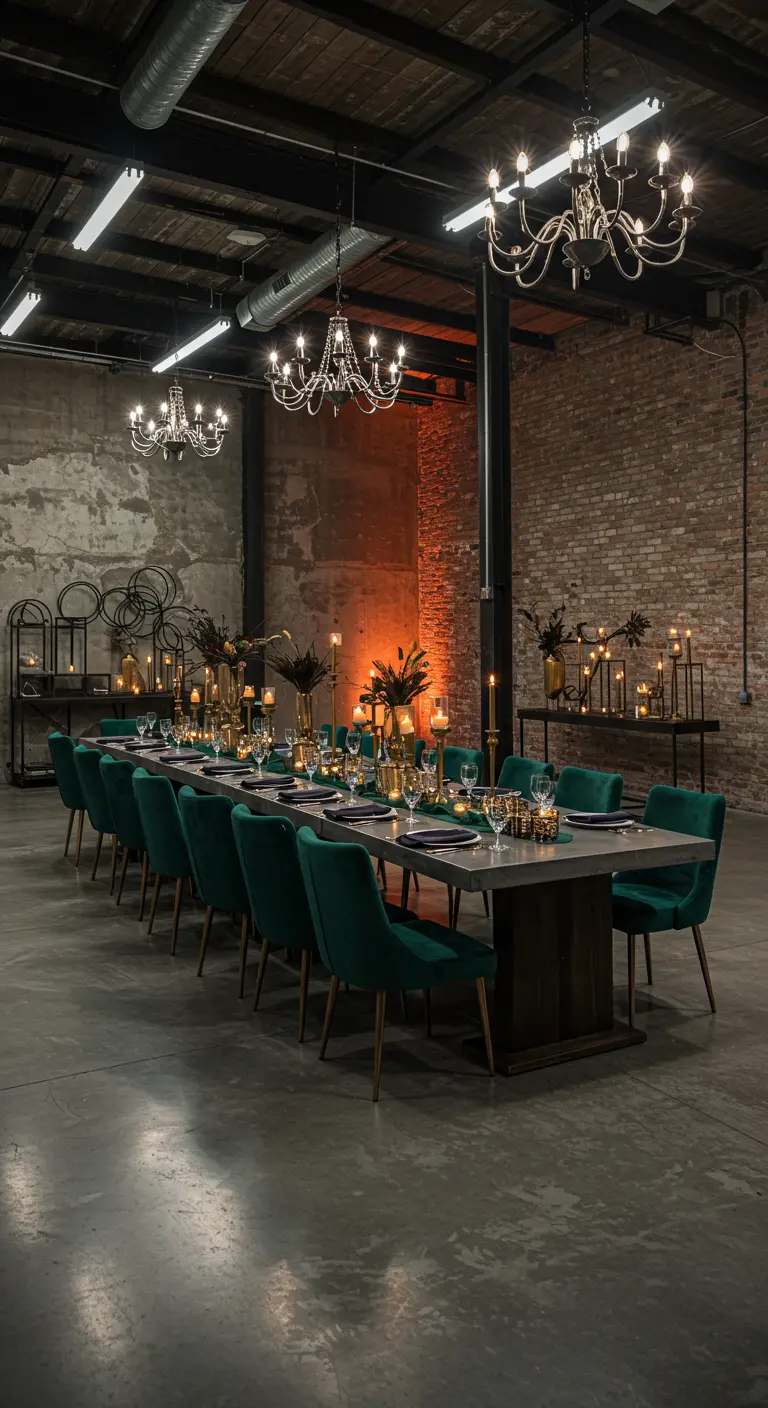 Elegante dinertafel in industriële garage met groene stoelen en kroonluchters.
