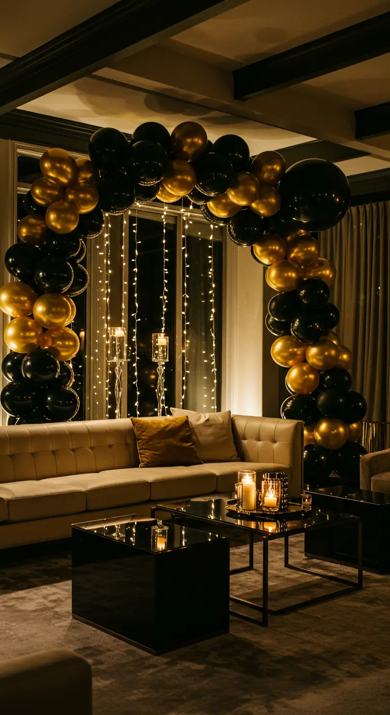 Zwart-gouden ballonboog met waterval van lichtjes, elegante bank en kaarsen in een chique ruimte.