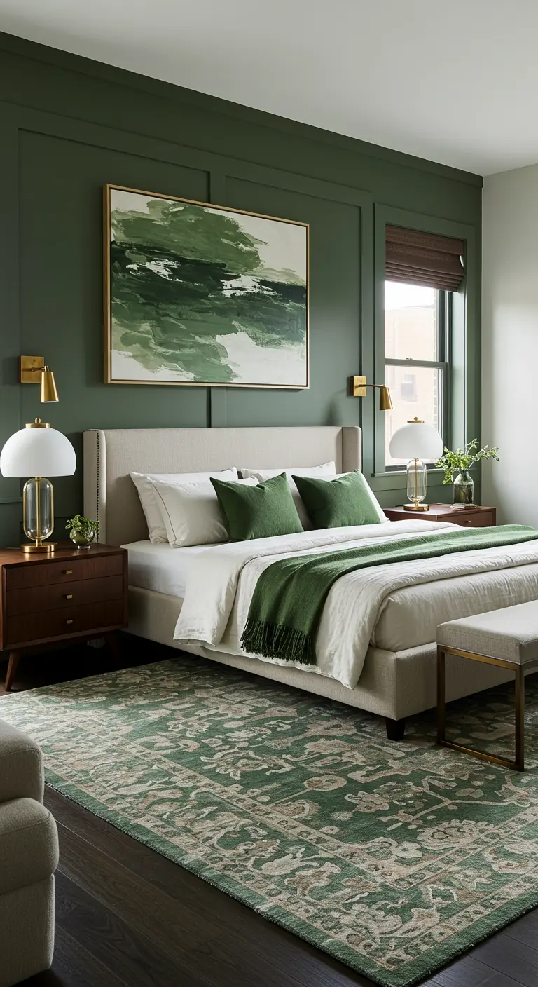 Slaapkamer met donkergroene accentmuur met panelen, groot abstract groen schilderij, beige bed, gouden lampen.