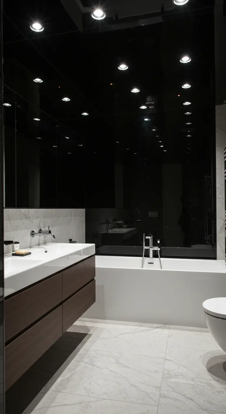 Moderne badkamer met hoogglans zwart plafond en ingebouwde spotjes.