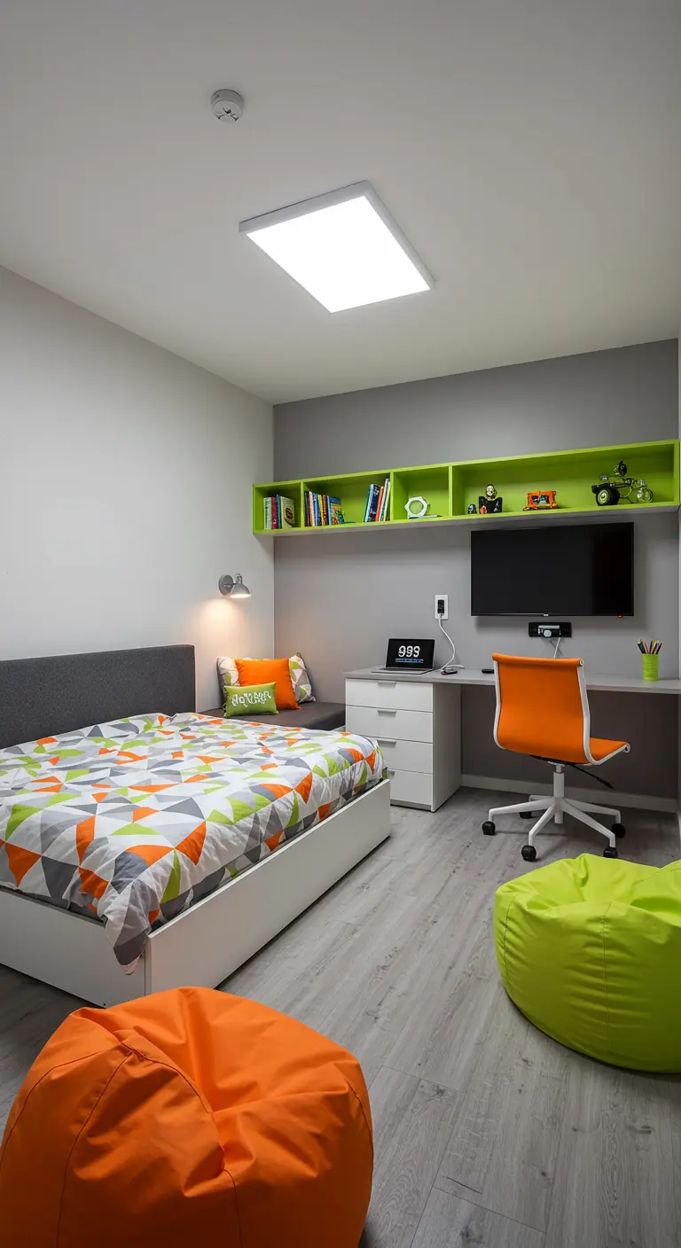 Moderne tiener logeerkamer met bureau, bed met opbergruimte en felgekleurde accenten.