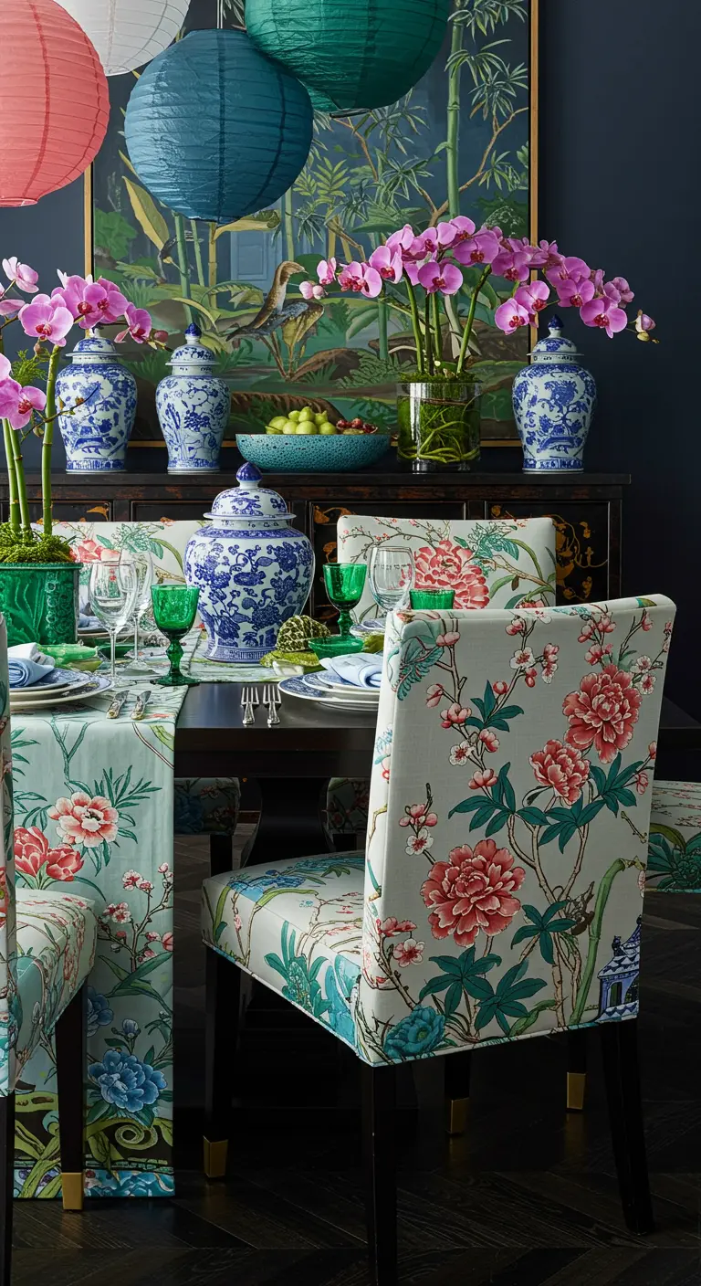 Eetkamer met stoelen bekleed in Chinoiserie bloemenprint, gemberpotten en orchideeën.