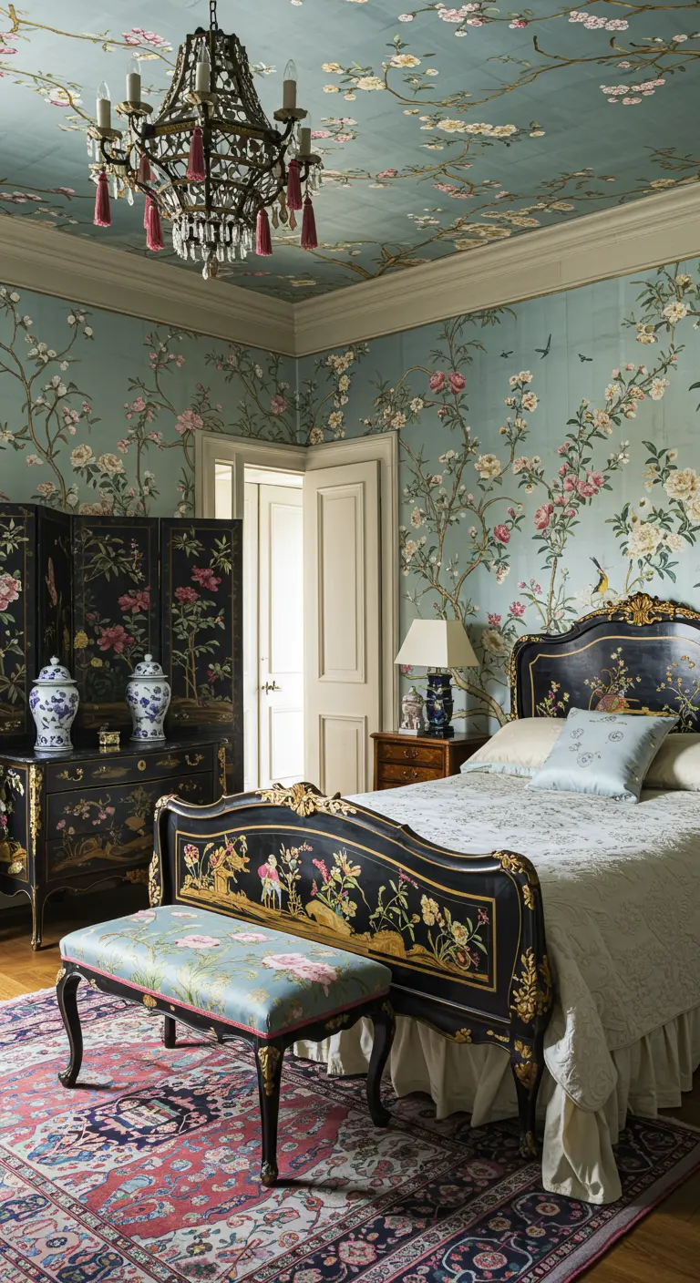 Slaapkamer met Chinoiserie behang, donker gelakt bed en oosterse decoraties.