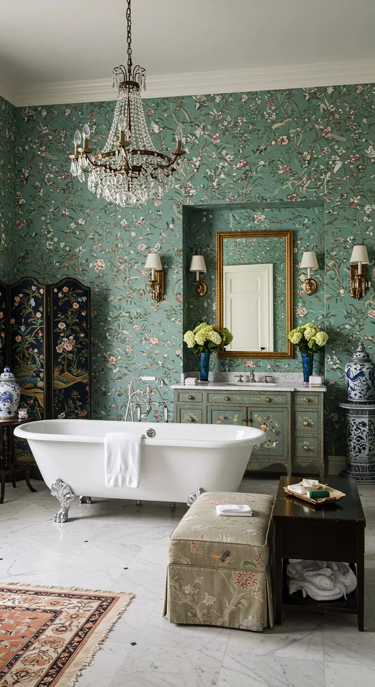 Chinoiserie badkamer met groot bloemen- en vogelbehang, marmeren vloer en antieke meubels