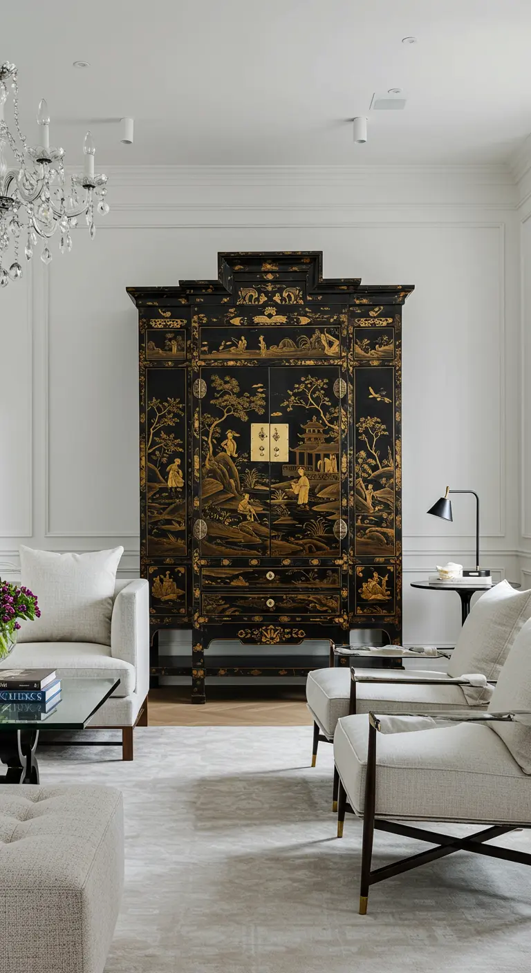 Klassieke woonkamer met een grote zwarte Chinoiserie kast met gouden details.