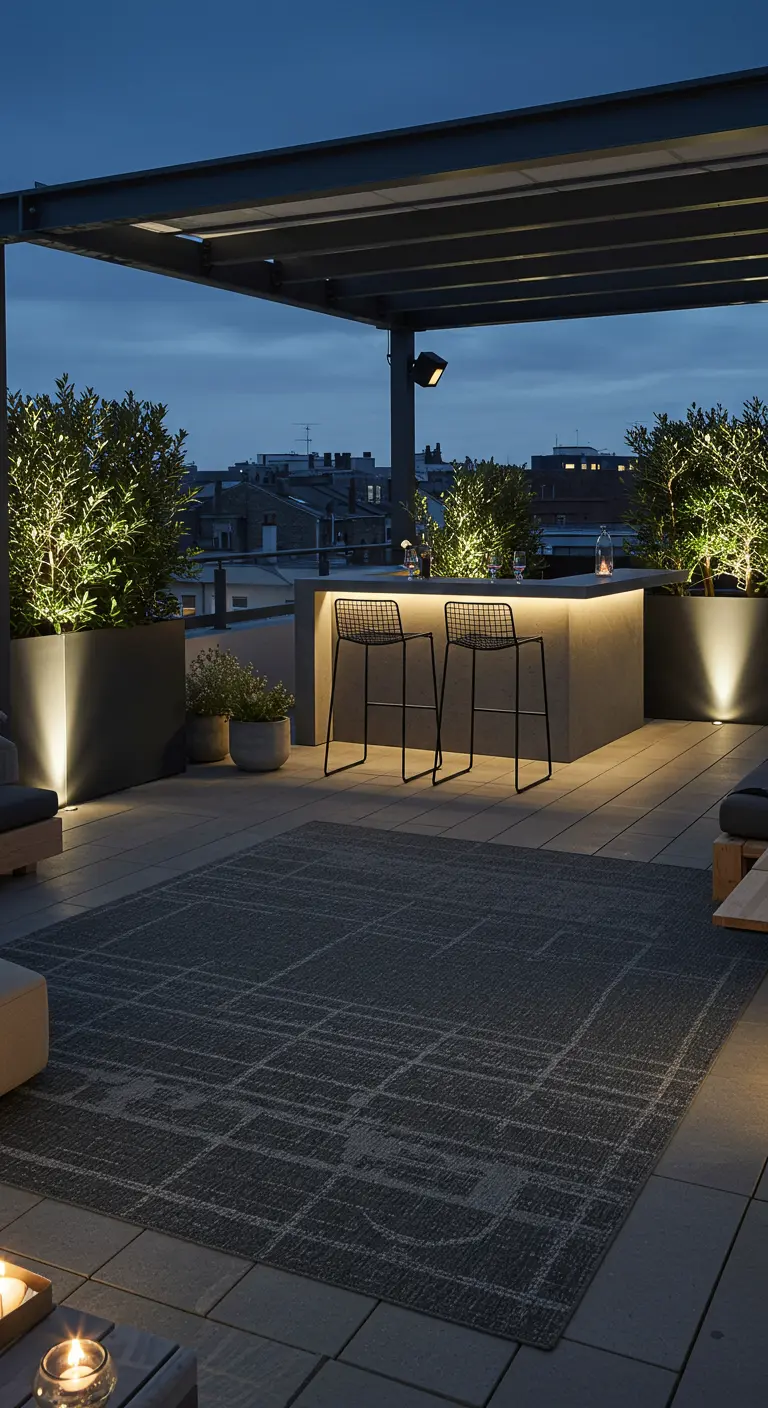 Modern dakterras met een strakke buitenbar en een donkergrijs buitenkleed met een geometrisch patroon.