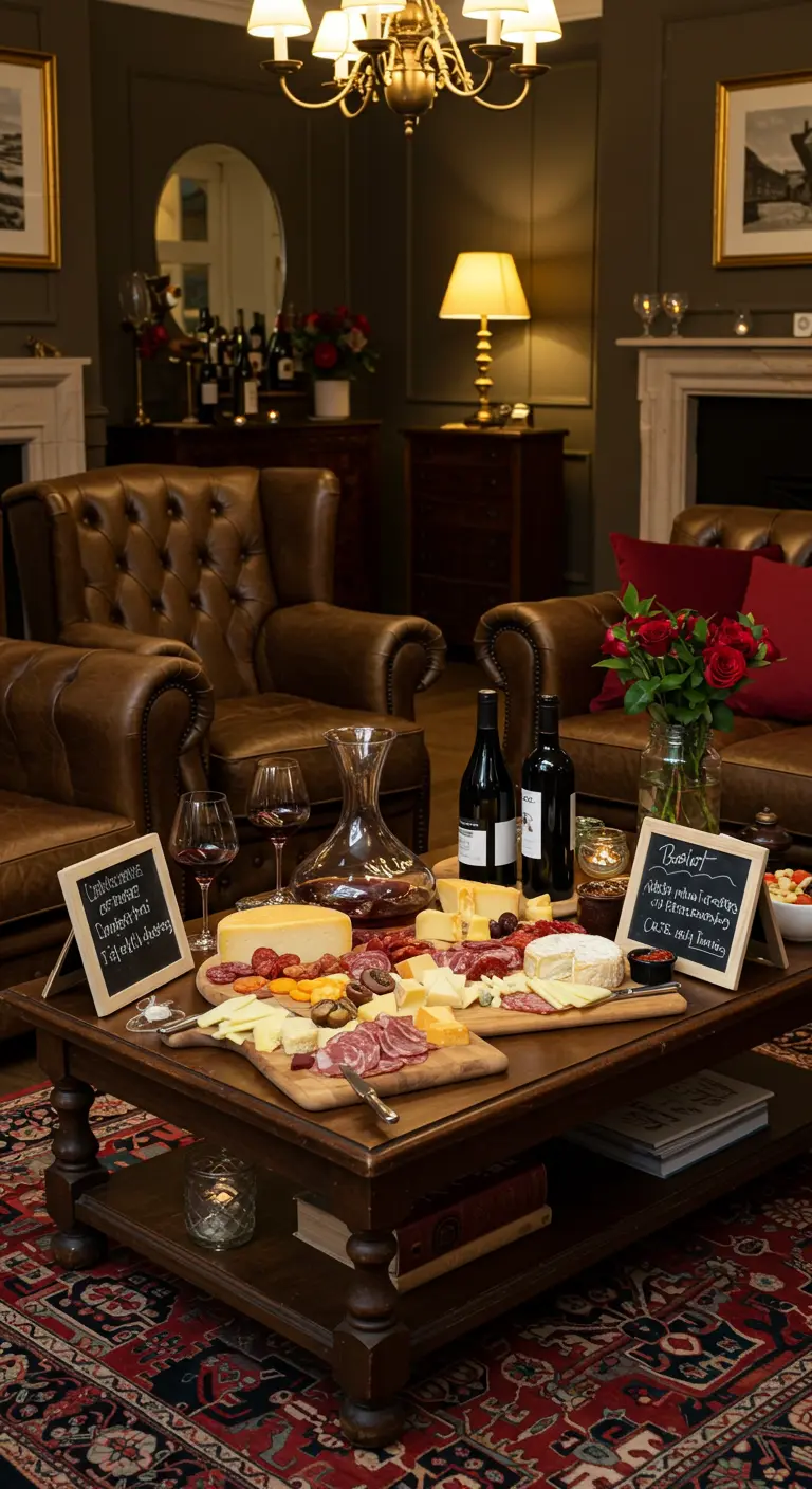 Klassieke woonkamer met leren fauteuils, grote kaasplank en rode wijn.