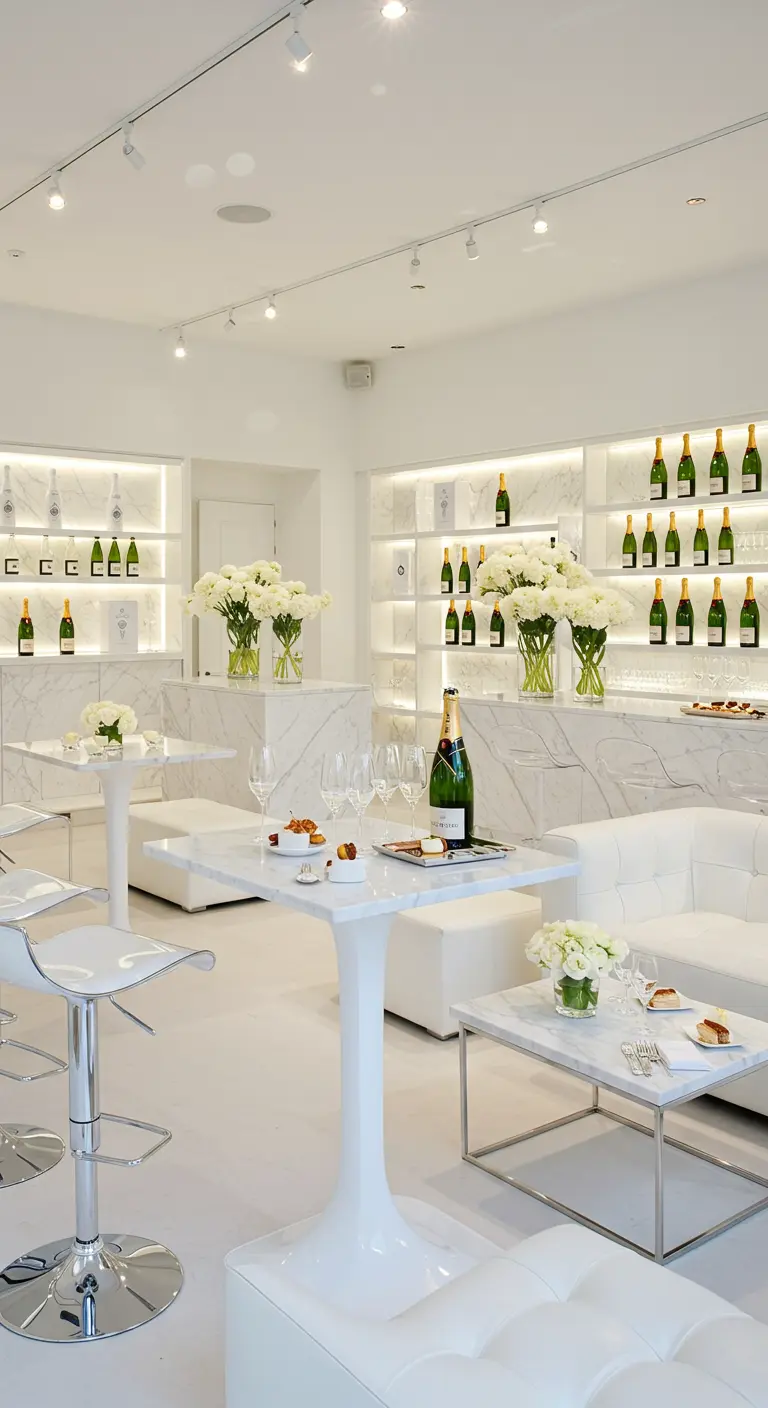Moderne witte champagnebar met backlit planken en strakke meubels.