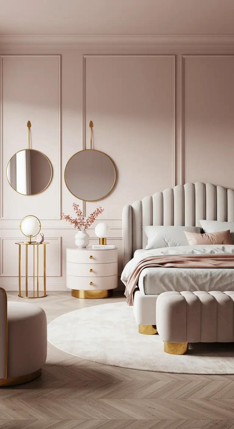 Klassiek roze slaapkamer met ronde spiegels, gouden accenten en een gestoffeerd hoofdbord.