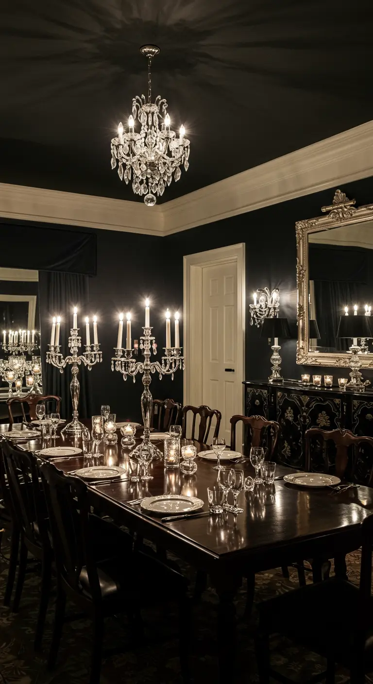Elegante eetkamer met donkere muren en veel kaarslicht.