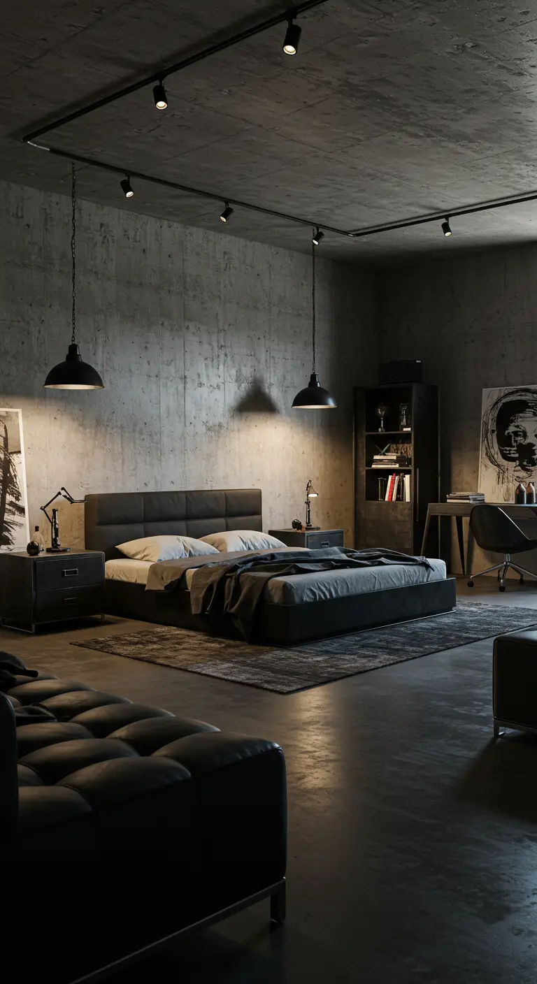 Donkere industriële slaapkamer met beton en gerichte zwarte verlichting.