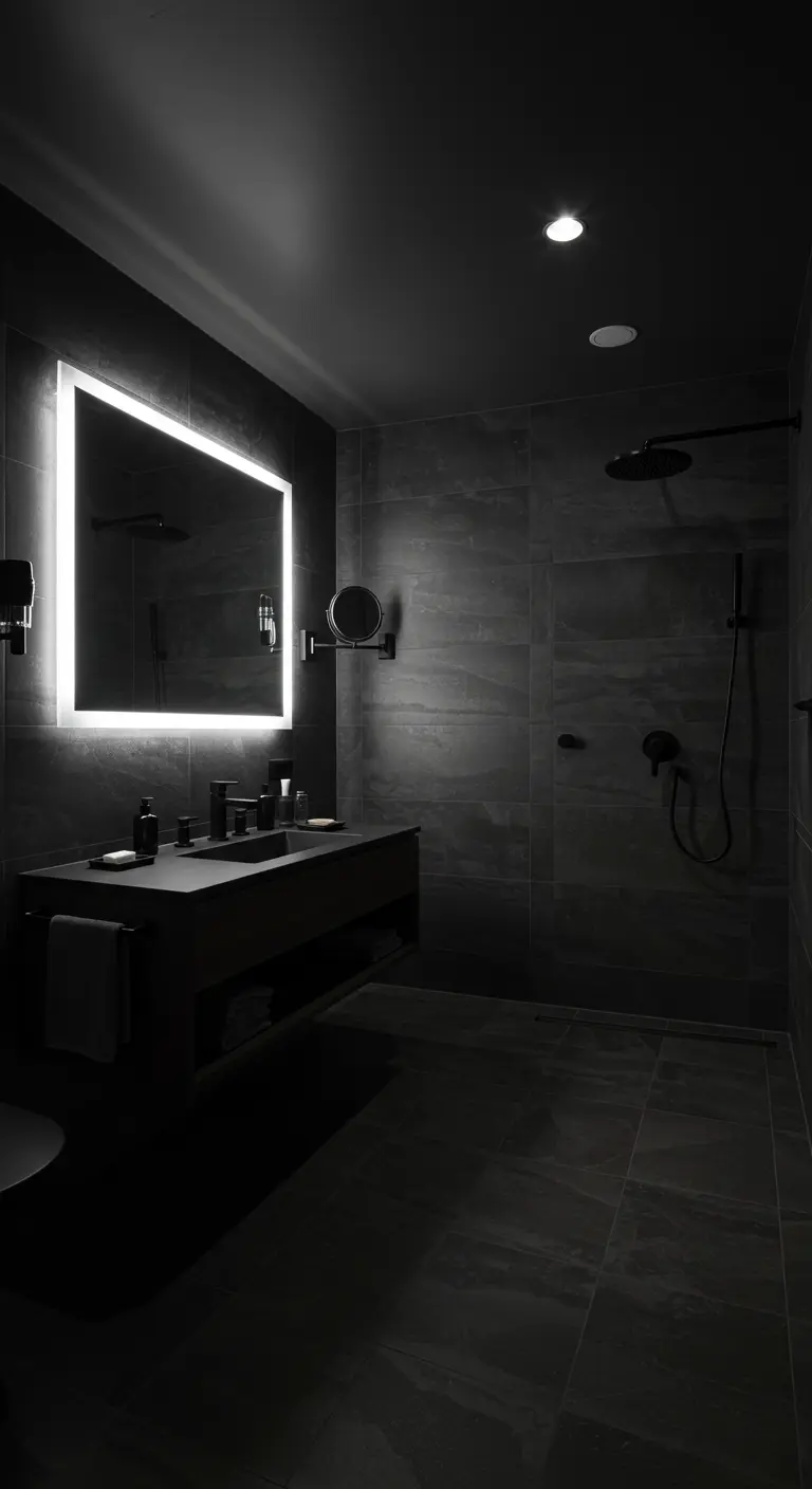 Zwarte badkamer met matte tegels, verlichte spiegel, en matzwarte douche- en wastafelkranen.