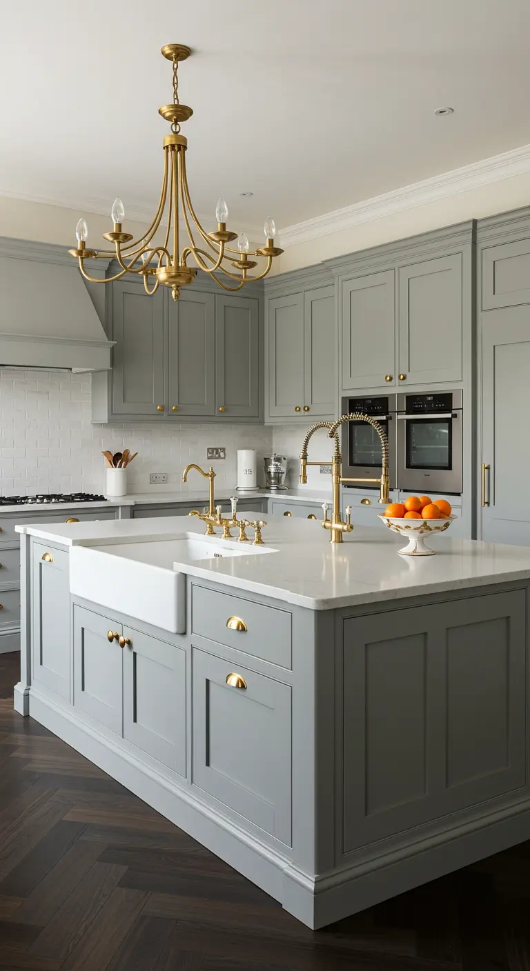 Grijze keuken met een grote gouden kroonluchter, gouden kranen en gouden knoppen.