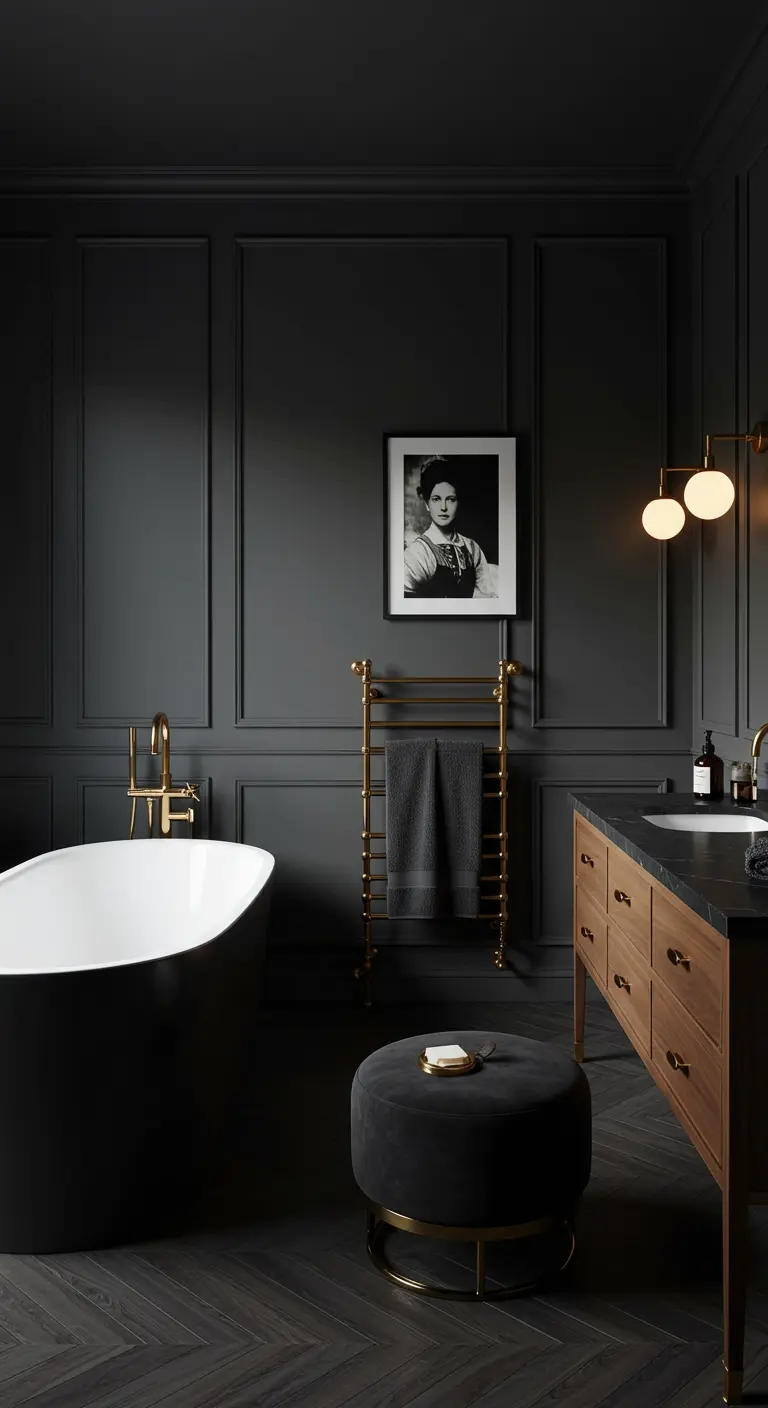 Elegante badkamer met donkergrijze wandpanelen, goudkleurige accenten en een zwart bad.