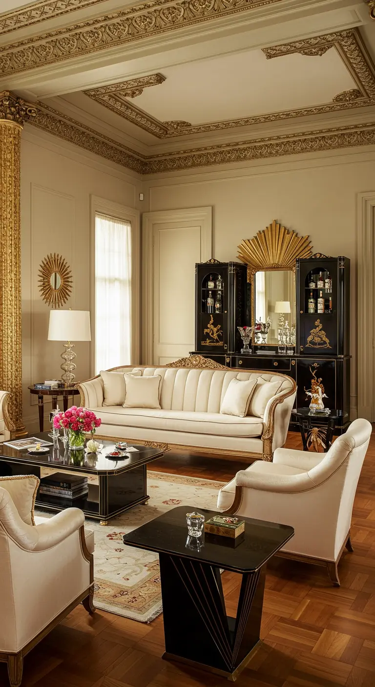 Elegante salon met beige bank, zwarte barmeubel en gouden spiegel.