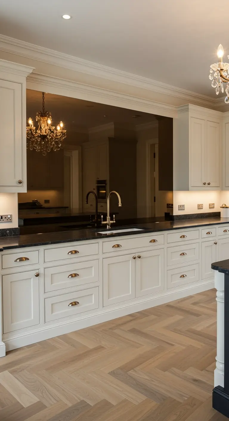 Elegante witte keuken met een donkere, spiegelende glazen achterwand die een kroonluchter reflecteert.