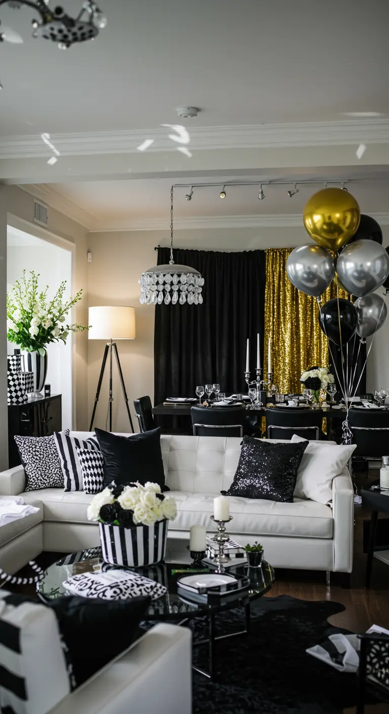 Chique zwart-witte woonkamer met gouden ballonnen en sequin achtergrond.