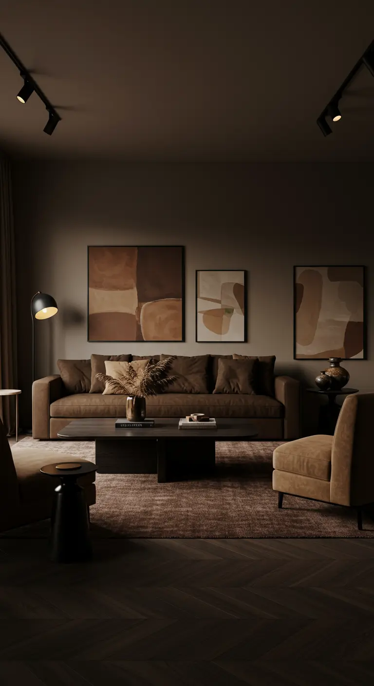 Elegante woonkamer met donkerbruine bank, abstracte kunst in aardetinten en messing accenten.