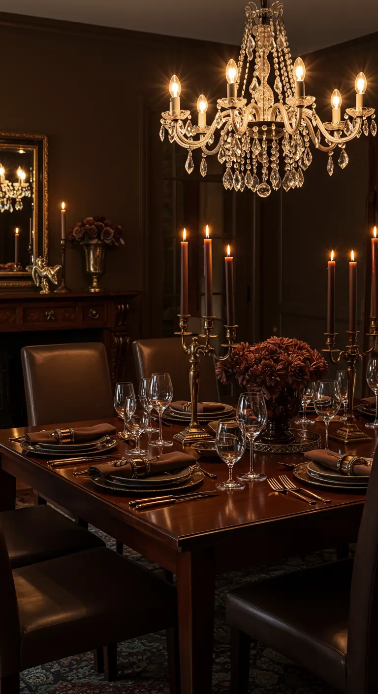 Chique eetkamer met donkerbruine tinten, gouden kandelaars en een kristallen kroonluchter.