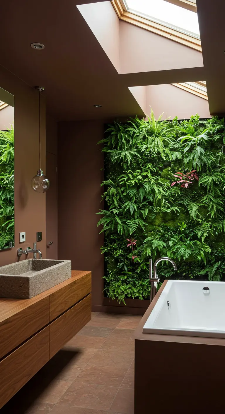 Badkamer met chocoladebruine muren, een grote verticale plantenwand en houten meubel.