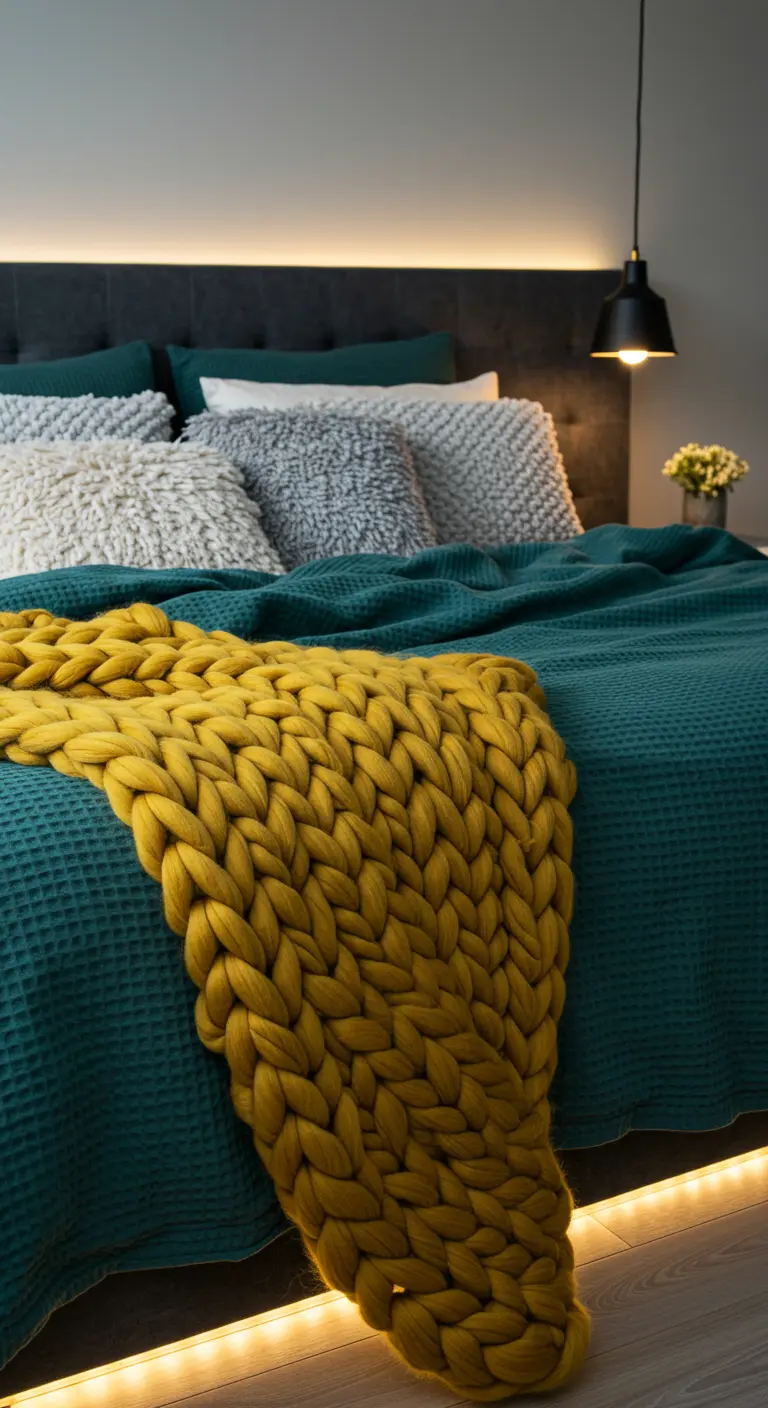 Modern bed met petrolblauw wafeldekbed, okergele chunky knit sprei en LED-verlichting.