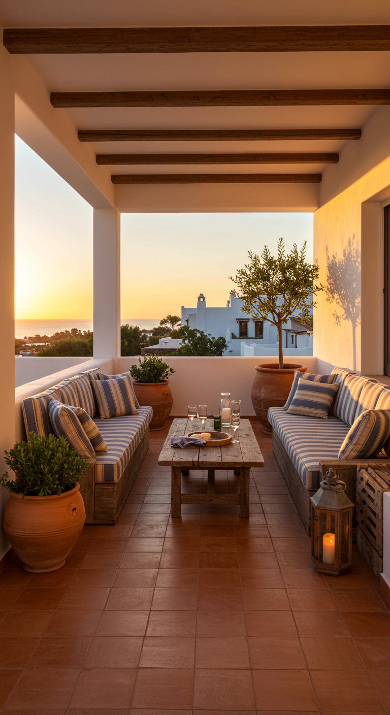 Overdekt balkon in mediterrane stijl met ingebouwde banken, terracotta potten en uitzicht op zee.