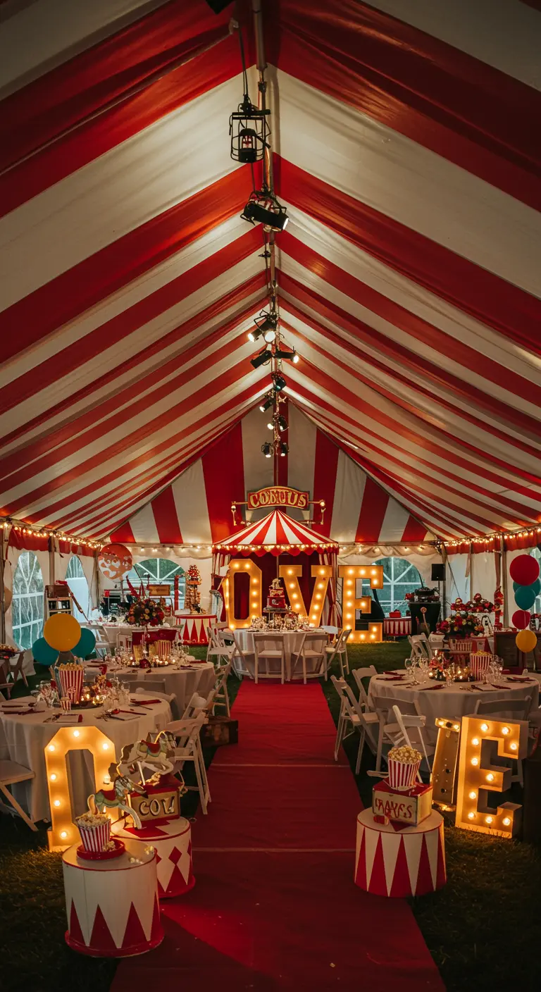 Bruiloftsreceptie in een rood-wit gestreepte circustent met verlichte LOVE letters.