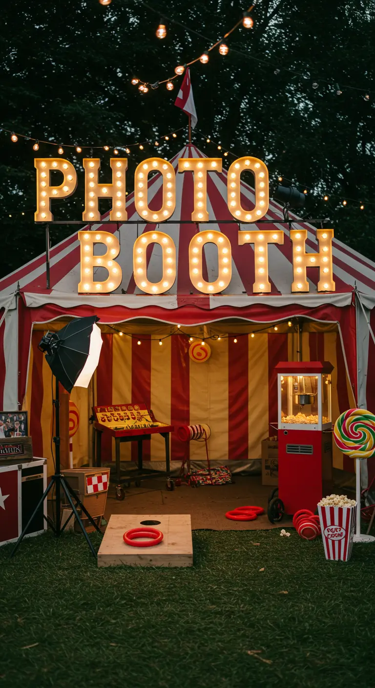 Circus-thema photobooth met rood-witte tent, grote lichtletters, popcornmachine en kermisattributen.
