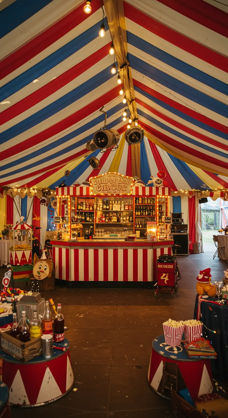 Circusbar in een rood-wit gestreepte tent met peertjeslampen en popcorn.