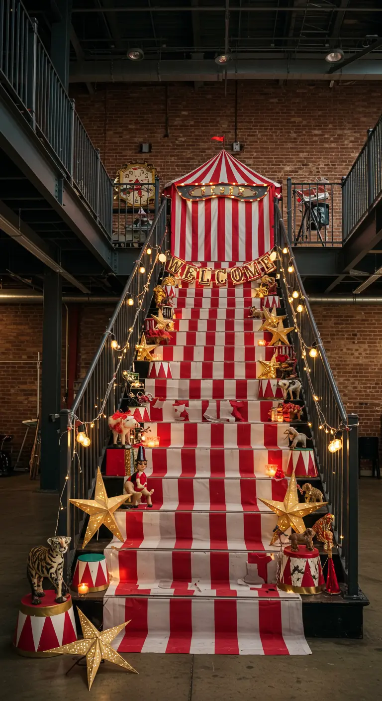 Trap met rood-wit gestreepte loper, circusdecoraties, lichtslingers en dierfiguren.