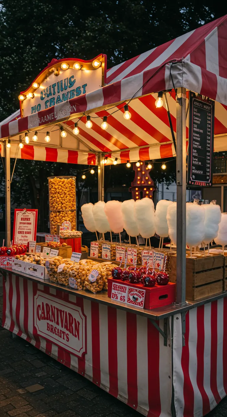Kermis snoepkraam met rood-witte strepen, suikerspinnen, popcorn en lampjes.