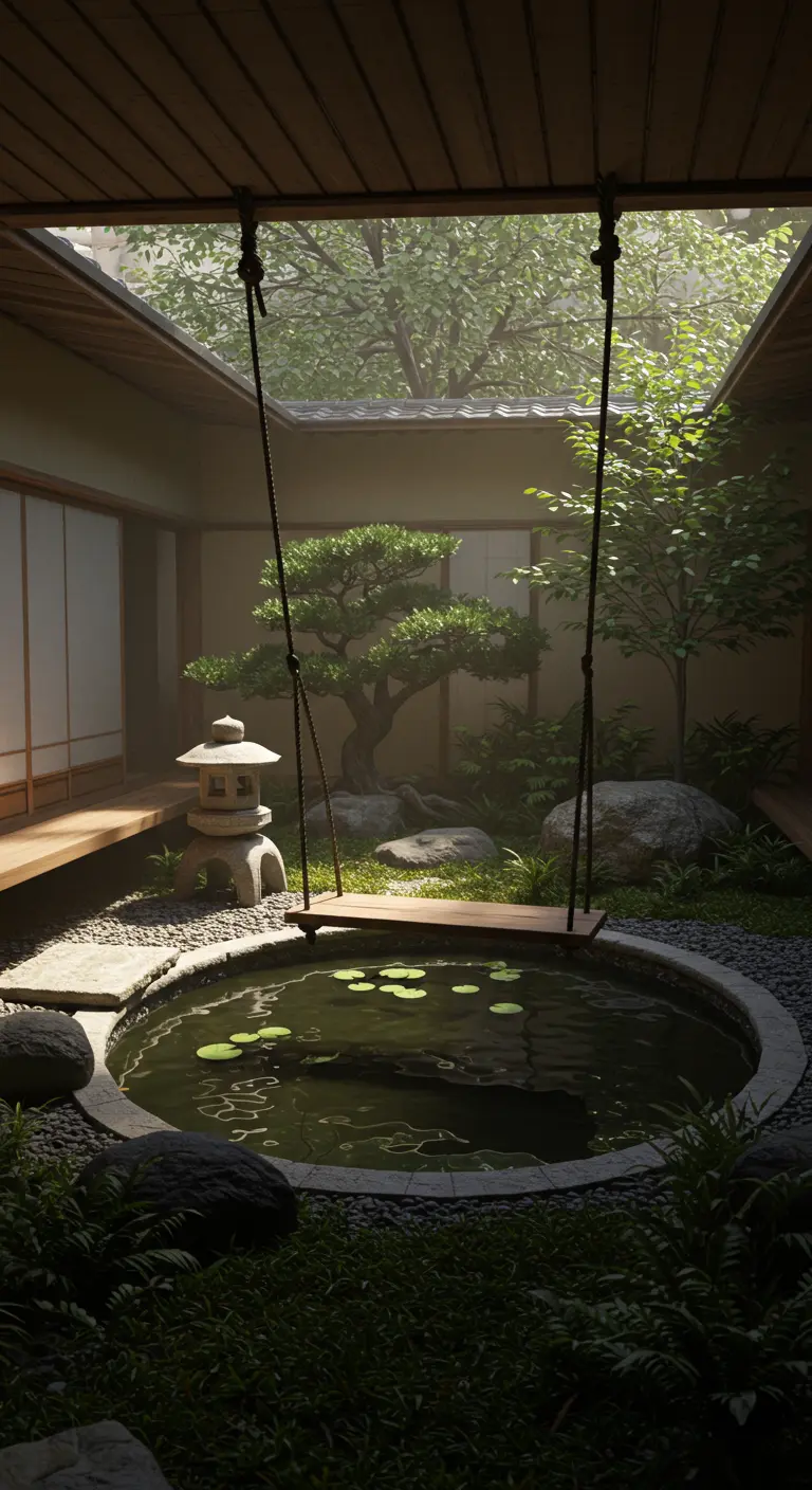 Houten schommel boven een ronde vijver in een Japanse binnentuin met bonsaiboom en stenen lantaarn.
