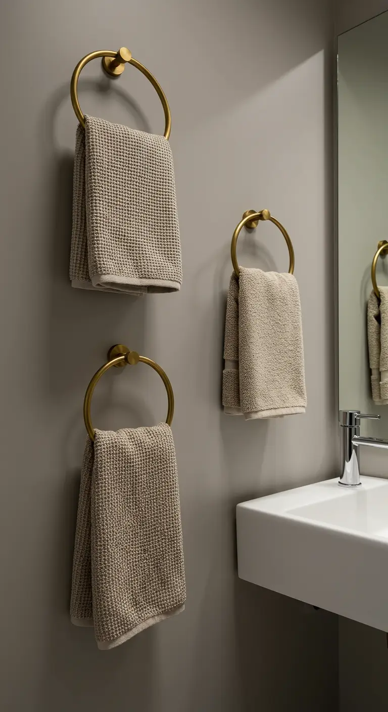 Drie gouden ronde handdoekringen aan de muur met beige handdoeken.