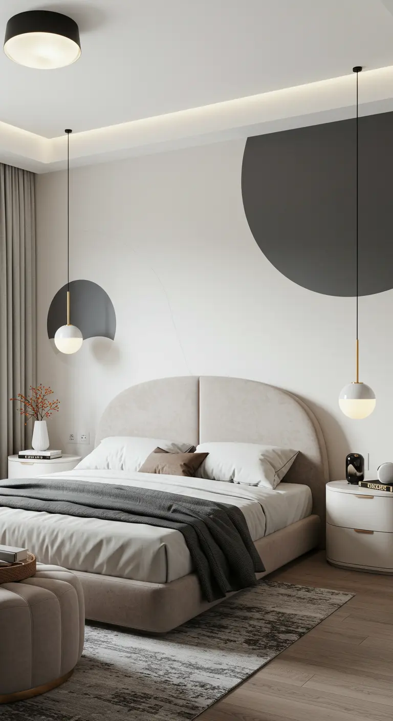 Minimalistische slaapkamer met grote geschilderde cirkels op de muur achter het bed.