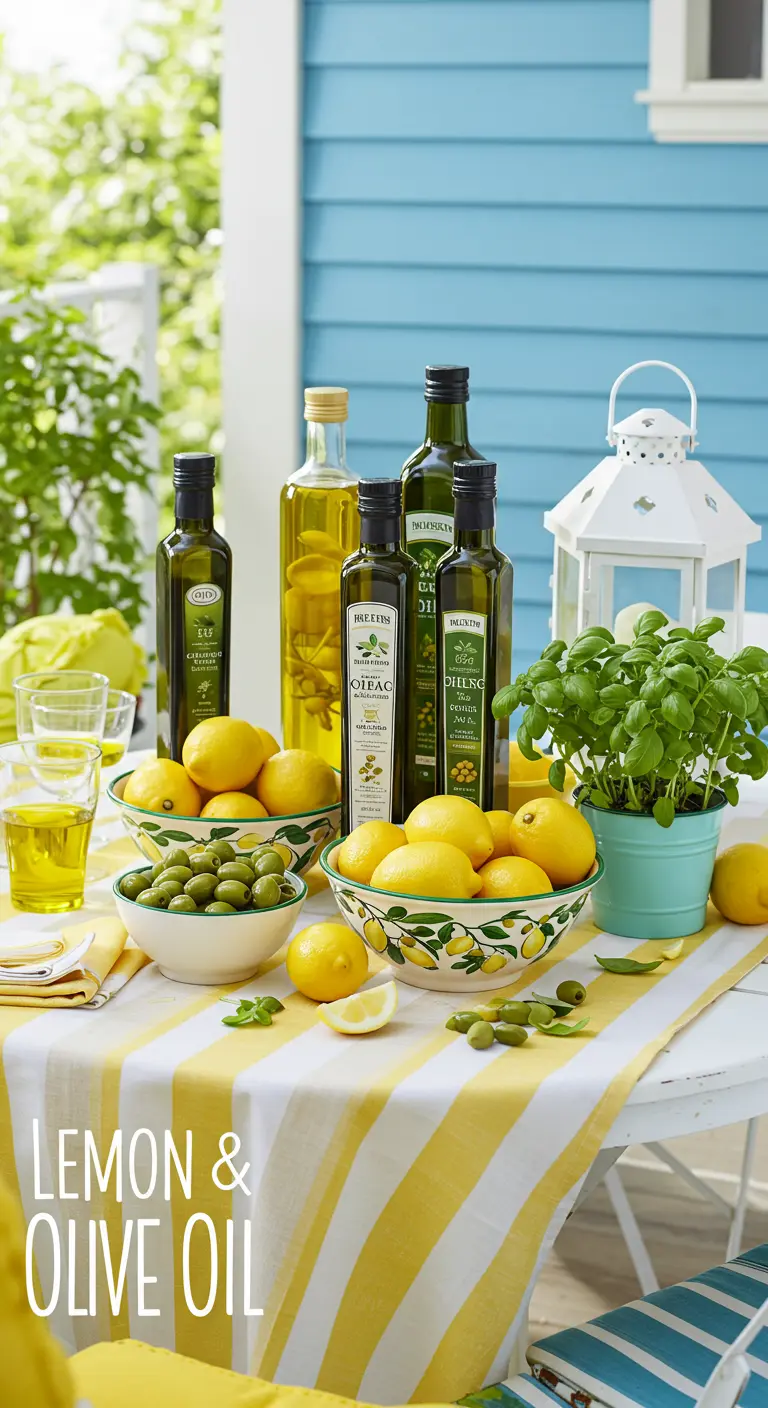 Buitentafel met geel-wit gestreept tafelkleed, schalen met citroenen, olijven, olijfolie en basilicum.