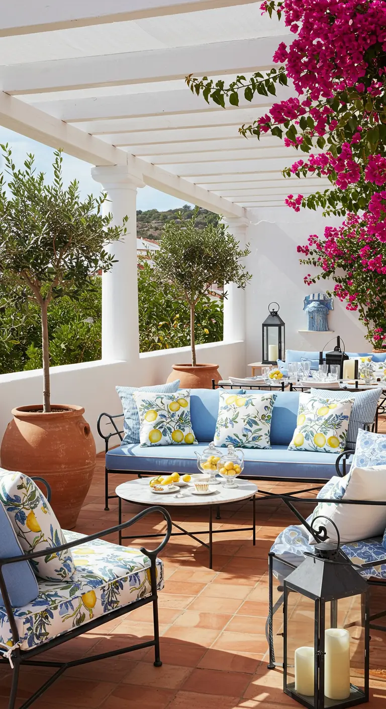 Terras met blauwe kussens met citroenprint, witte pergola en terracotta potten.