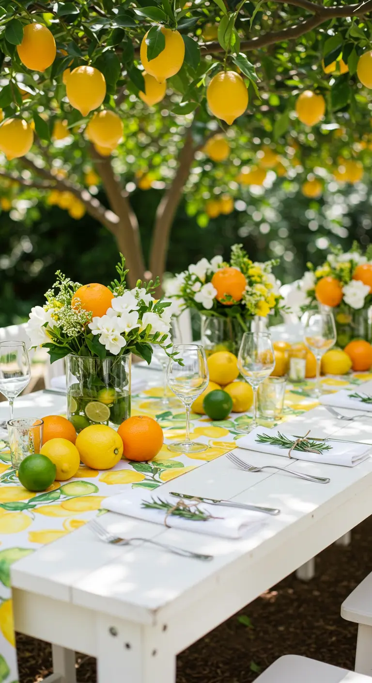 Zomerse witte tuintafel gedecoreerd met citrusvruchten en witte bloemen.