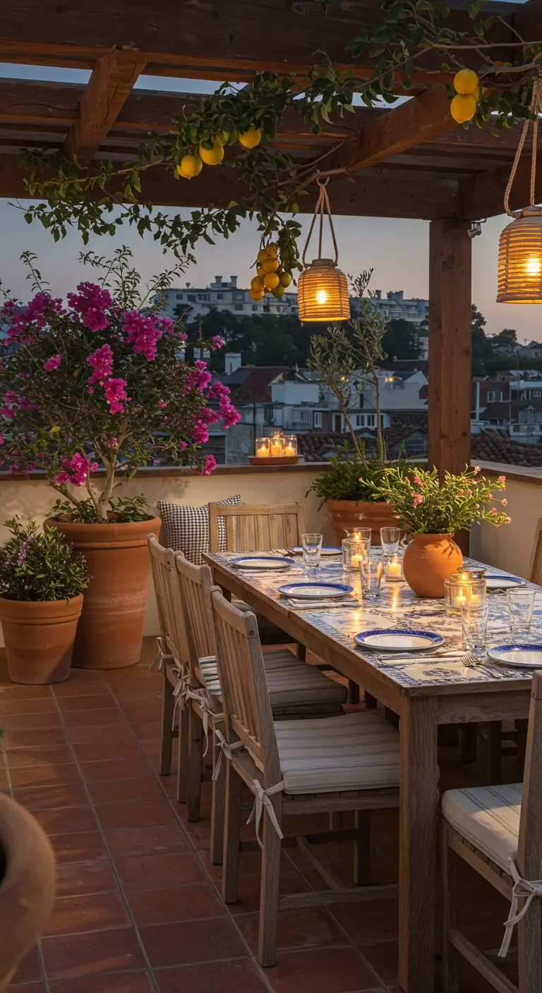 Mediterrane patio met houten eettafel, citrusbomen, hangende lantaarns en bloeiende planten.