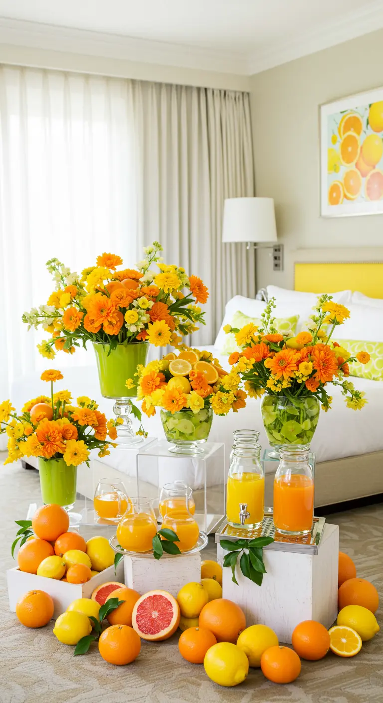 Styling met veel citrusfruit, gele en oranje bloemen en verse sapjes.