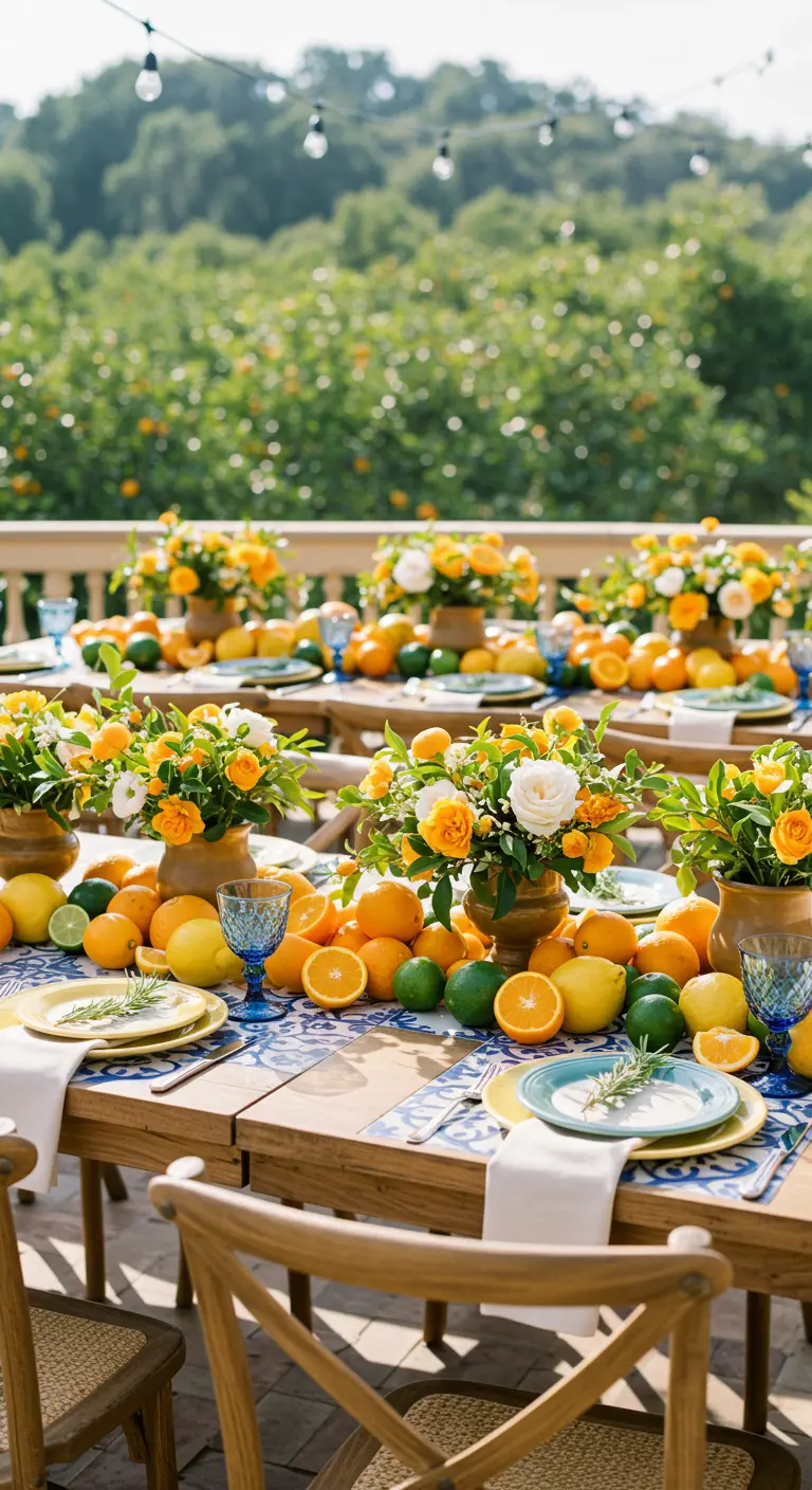 Zonnige tafel met veel citrusfruit, gele bloemen en blauw-wit servies.