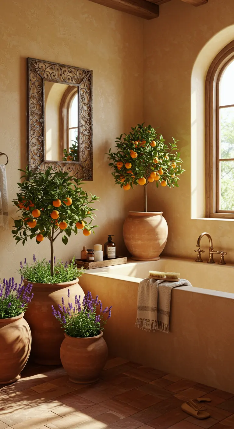 Warme badkamer met citrusbomen en lavendelplanten in terracotta potten