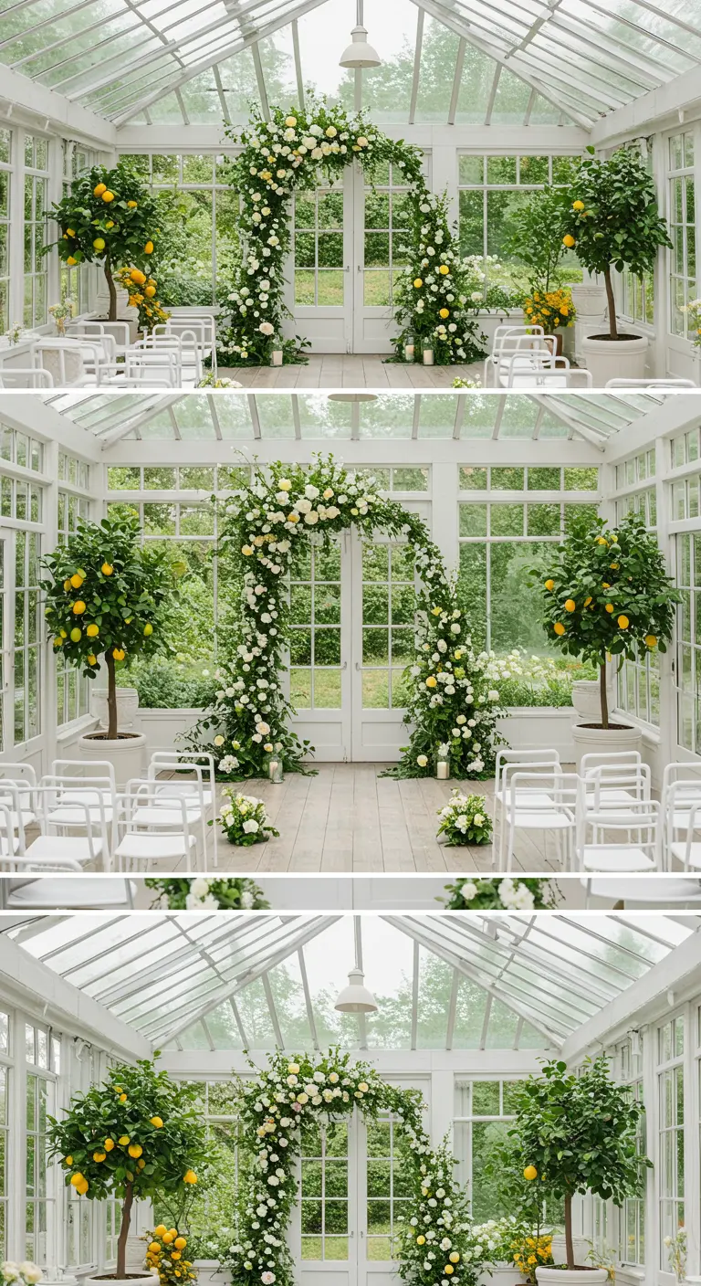 Witte orangerie met bloemenboog en citroenbomen voor een frisse ceremonie.