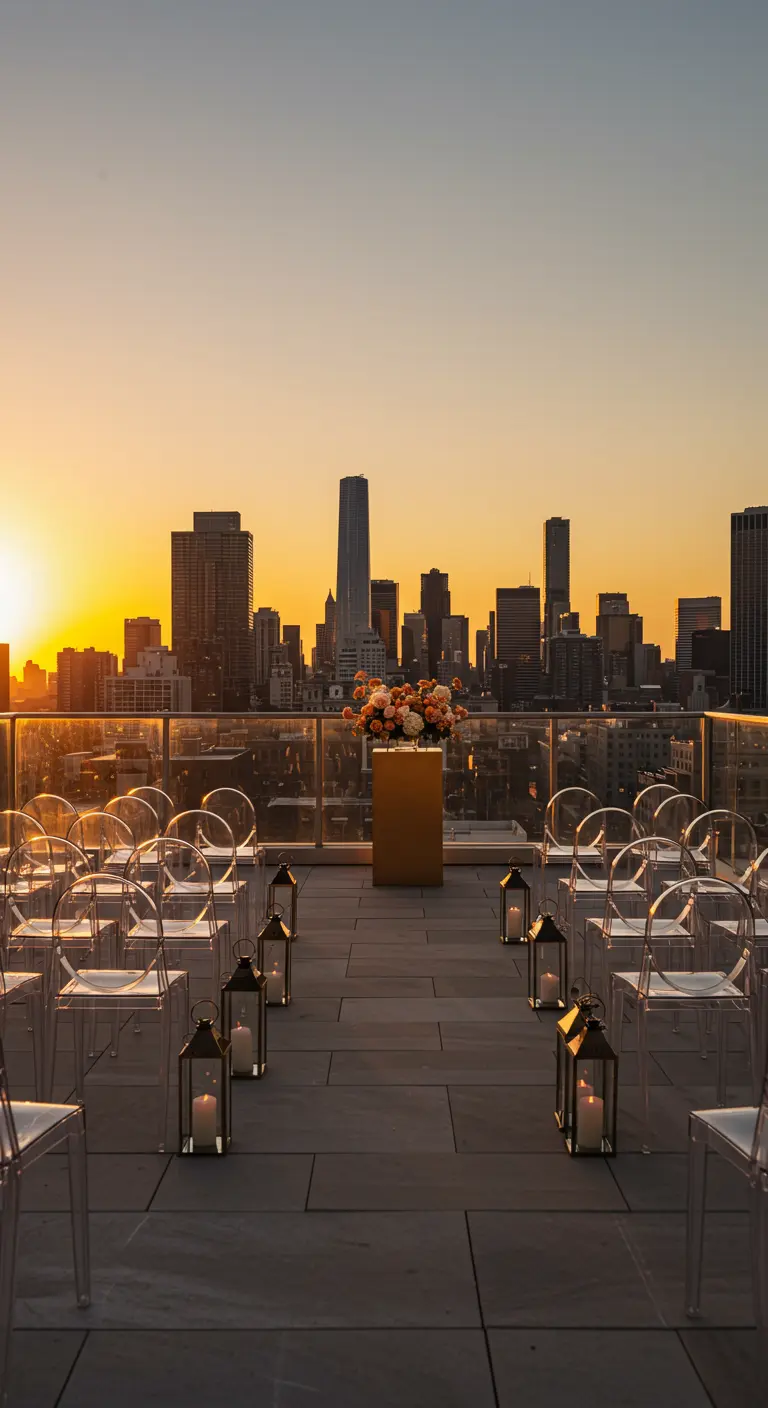 Ceremonieopstelling op een dakterras met uitzicht op de skyline, transparante stoelen en lantaarns.