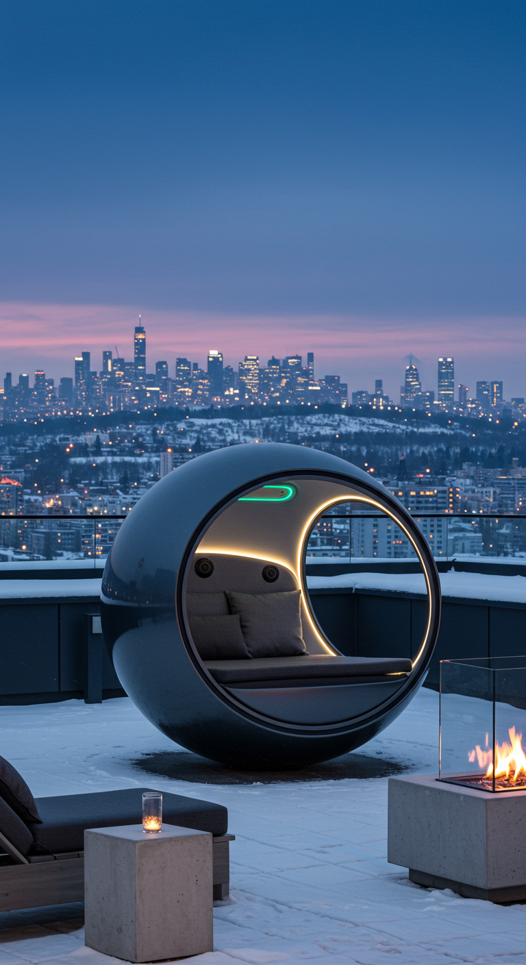 Futuristische grijze lounge-cocon op een besneeuwd dakterras met stadszicht en vuurtafel.