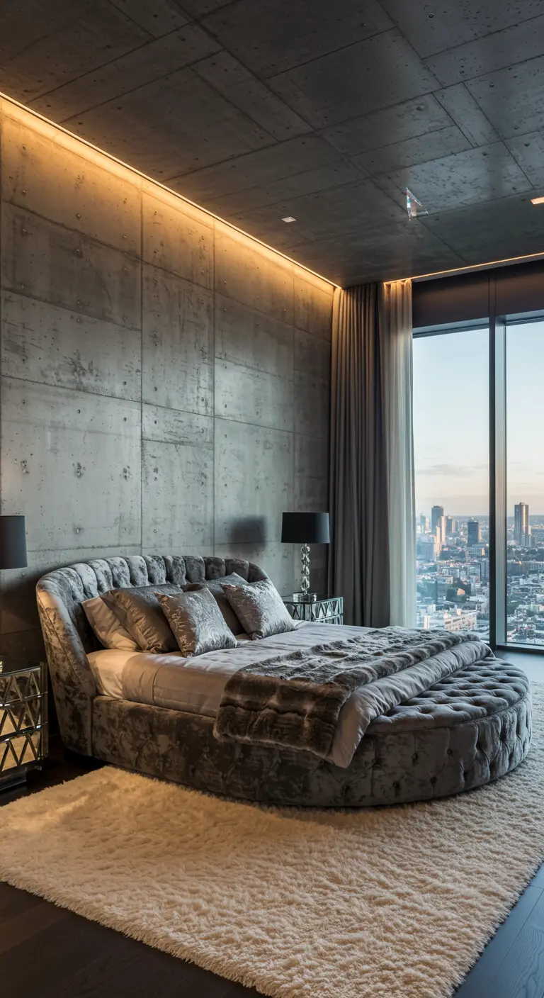 Luxe slaapkamer met betonwand, rond fluwelen bed en stadszicht.