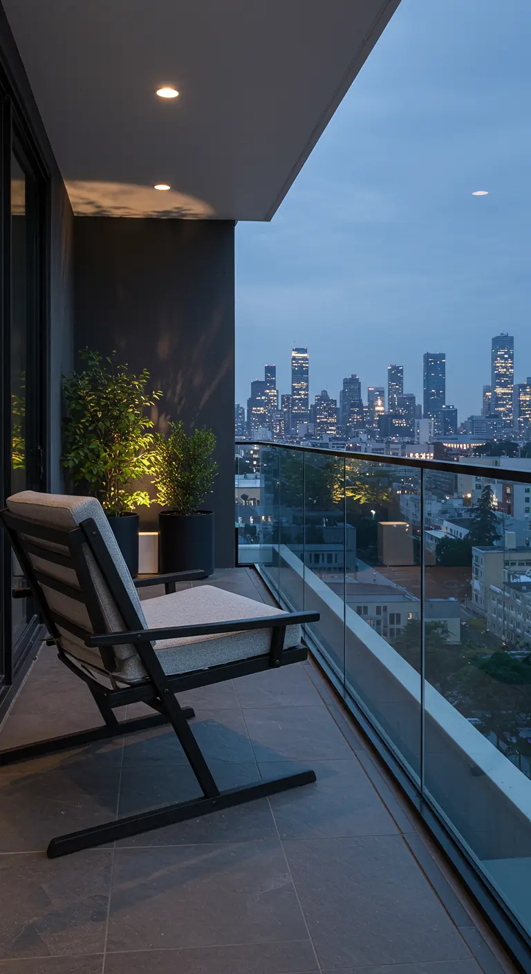 Moderne houten design schommelstoel op een stadsbalkon met uitzicht 's avonds.