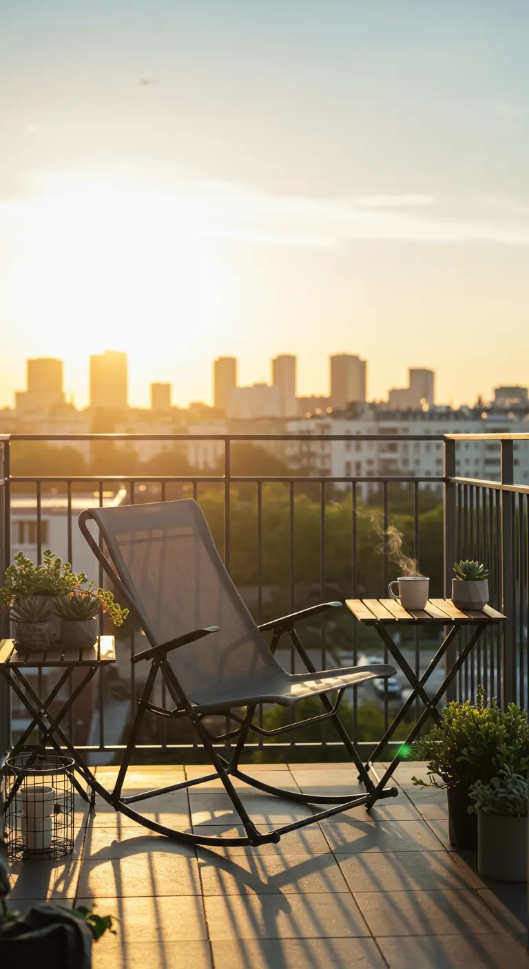 Inklapbare grijze schommelstoel op balkon met stadszicht bij zonsondergang en kleine plantjes.