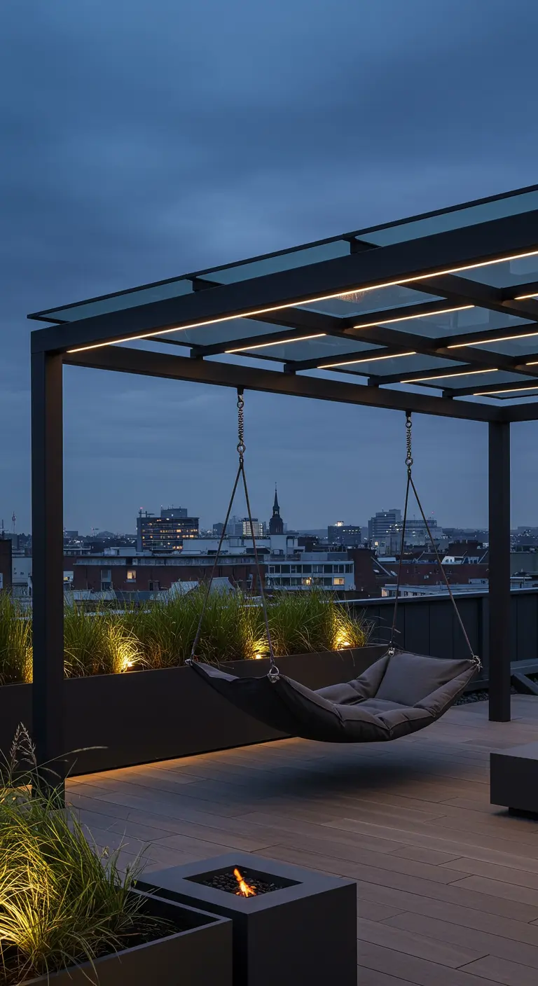 Moderne zwarte pergola met glazen dak, LED-verlichting en hangmat op een dakterras.